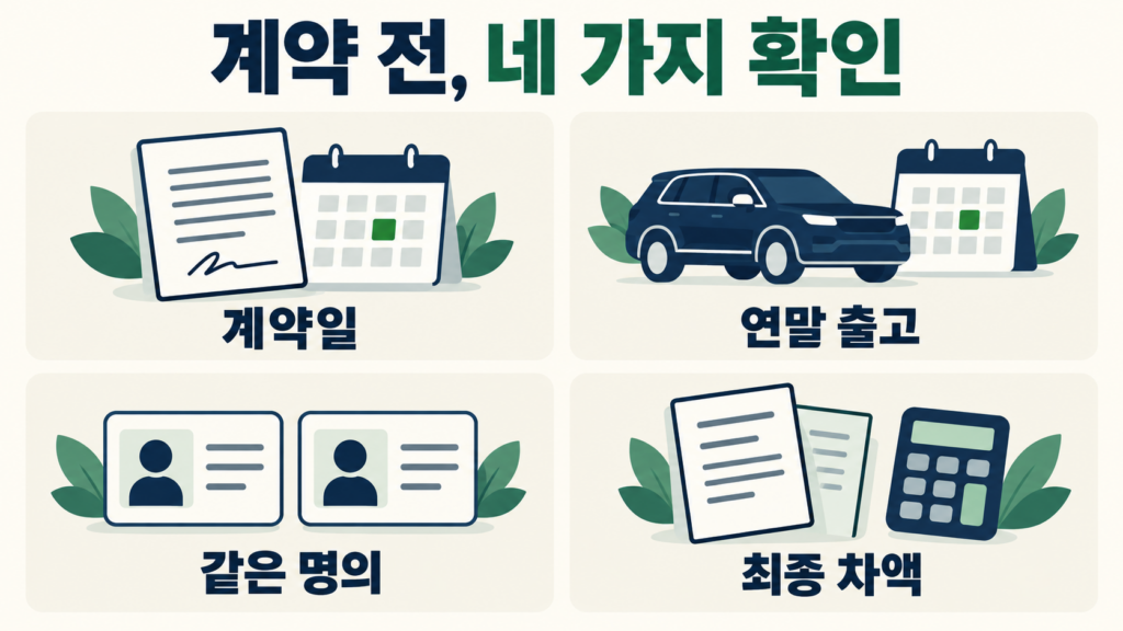 계약일, 연말 출고, 같은 명의, 최종 차액을 확인하는 계약 점검 그림