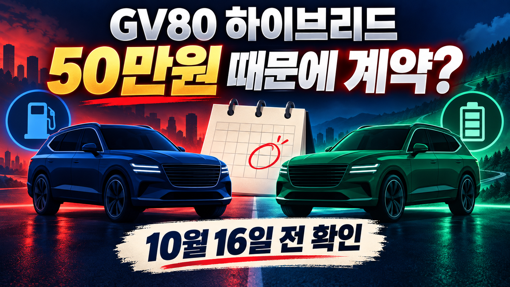 GV80 하이브리드 계약금 지원 때문에 구매를 서둘러도 되는지 비교하는 SUV 개념 그림
