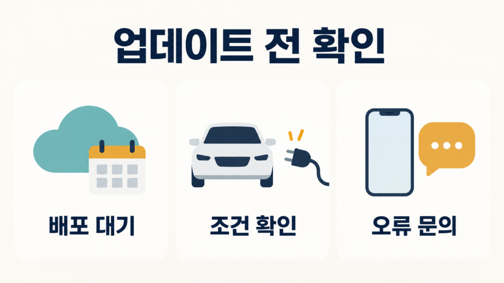 배포 대기, 연결 장치 등 조건 확인, 오류 문의의 세 가지 대응을 나눈 안내 그림