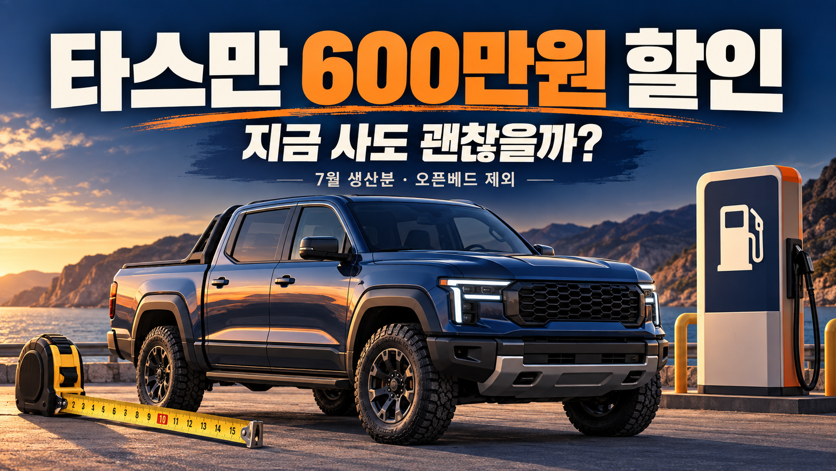 픽업트럭과 주유기 및 줄자로 타스만 할인 구매 전 주차와 유지비를 확인하는 상황을 표현한 개념 그림